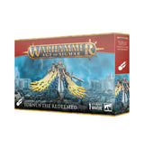 Box for a Warhammer Age of Sigmar miniature, shown from the front and right side. The artwork features a silver-blue armored warrior with ragged golden wings and a spear above ruined stone; the front reads “WARHAMMER AGE OF SIGMAR,” “TORNUS THE REDEEMED” and “1 CITADEL MINIATURE.”