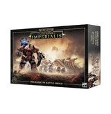 Black rectangular game box shown from the front and right side, with artwork of a towering red mechanical warrior, smaller troops and artillery in a dusty battlefield. The front reads “WARHAMMER THE HORUS HERESY LEGIONS IMPERIALIS” and “MECHANICUM BATTLE GROUP.”