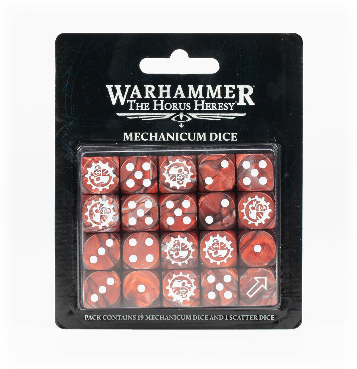 A clear-front package holds red-and-black marbled dice with white pips, cog emblems and an arrow symbol, against black backing. The label reads “WARHAMMER” and “MECHANICUM DICE.”