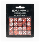 A clear-front package holds red-and-black marbled dice with white pips, cog emblems and an arrow symbol, against black backing. The label reads “WARHAMMER” and “MECHANICUM DICE.”
