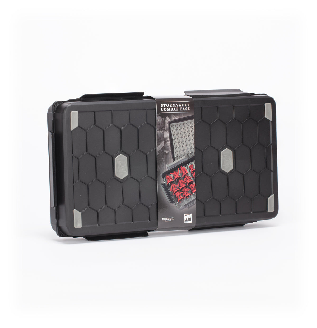 A dark gray rectangular Stormvault Combat Case is shown closed, with raised hexagonal panels, light gray corner accents and matching center emblems. Its central sleeve reads “STORMVAULT COMBAT CASE” above pictures of the bristled interior and red miniatures.