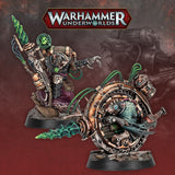 Two fantasy game miniatures on black bases: an armored figure with a green crystal-tipped staff and a rat-like figure inside a bronze-colored mechanical wheel. The “WARHAMMER UNDERWORLDS” logo appears above them against a dark red background.