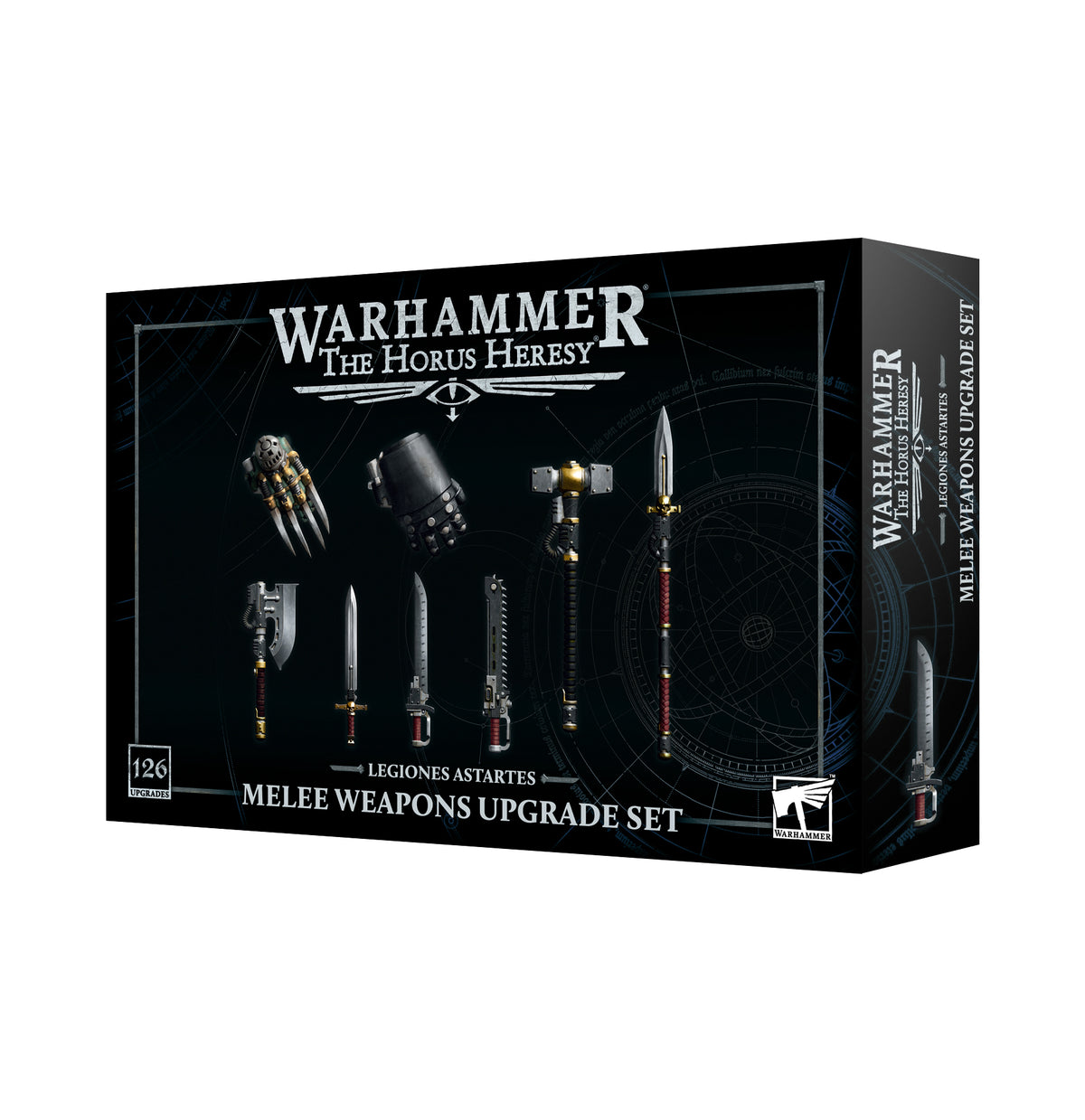 Black Warhammer: The Horus Heresy melee weapons upgrade set box, shown at an angle on a white background. The front displays illustrated sci-fi weapons and the text “LEGIONES ASTARTES” and “MELEE WEAPONS UPGRADE SET”; the narrow side panel repeats the set name.