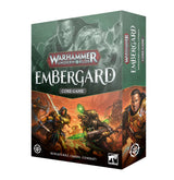 Warhammer Underworlds: Embergard Core Game box shown at an angle, with a dark green upper panel and orange battle scene below featuring armored fantasy fighters. The front reads “WARHAMMER UNDERWORLDS,” “EMBERGARD” and “CORE GAME”; the right side shows matching artwork and vertical title lettering.