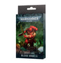 Upright package for Blood Angels datasheet cards, with a black hanging tab and dark green artwork of a red-armored warrior wielding a sword. The front reads “WARHAMMER 40,000,” “DATASHEET CARDS,” and “BLOOD ANGELS.”