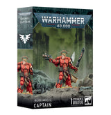 Box for a Blood Angels Captain miniature, shown from the front and left side. The artwork features a red-armored figure with a halo, aiming a pistol and holding a large sword; the package reads “WARHAMMER 40,000” and “BLOOD ANGELS CAPTAIN.”