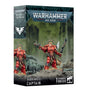 Box for a Blood Angels Captain miniature, shown from the front and left side. The artwork features a red-armored figure with a halo, aiming a pistol and holding a large sword; the package reads “WARHAMMER 40,000” and “BLOOD ANGELS CAPTAIN.”