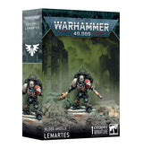 Box for a Blood Angels: Lemartes miniature, with a black-armored, skull-faced warrior in red shoulder armor standing amid rubble before a green ruined city; the side panel repeats the figure. Text reads “WARHAMMER 40,000,” “BLOOD ANGELS,” and “LEMARTES.”