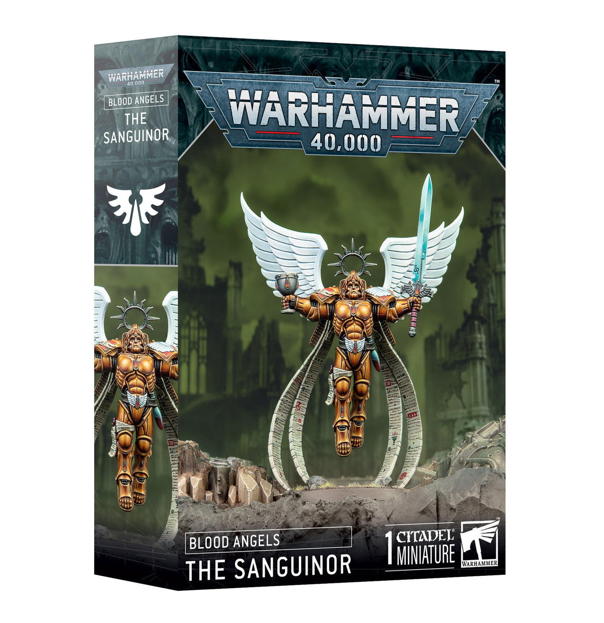 Box for the Blood Angels: The Sanguinor miniature, showing a hovering figure in gold armor with white wings and a raised blue sword against a green battlefield scene. The front reads “WARHAMMER 40,000,” “BLOOD ANGELS,” and “THE SANGUINOR”; the left side repeats the figure artwork.