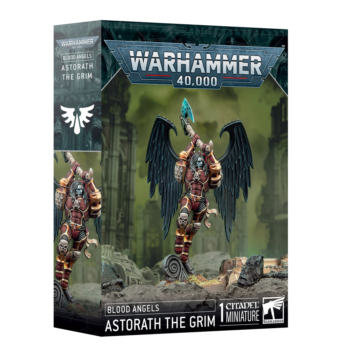 Box for a Warhammer miniature, shown at an angle with the front and left side visible. Artwork shows a red-and-gold armored figure with large black wings raising an axe; the box reads “WARHAMMER 40,000” and “ASTORATH THE GRIM.”