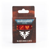 A dark red-brown, weathered Warhammer dice box with a clear window showing red dice with orange pips and a gold winged emblem. The front reads “WARHAMMER 40,000” and “BLOOD ANGELS DICE.”