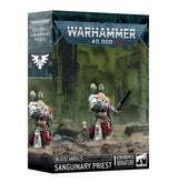 A Warhammer 40,000 miniature box shown from the front and left side, with artwork of a white-and-red armored priest holding a firearm and chainsword in a ruined green setting. The box reads “WARHAMMER 40,000,” “BLOOD ANGELS,” and “SANGUINARY PRIEST.”