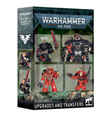 Angled box for Blood Angels upgrades and transfers, with a dark teal and black design. The front shows four Space Marine miniatures, mostly in red or black armor, and the side shows two more; text reads “WARHAMMER 40,000,” “BLOOD ANGELS” and “UPGRADES AND TRANSFERS.”