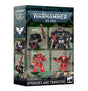 Angled box for Blood Angels upgrades and transfers, with a dark teal and black design. The front shows four Space Marine miniatures, mostly in red or black armor, and the side shows two more; text reads “WARHAMMER 40,000,” “BLOOD ANGELS” and “UPGRADES AND TRANSFERS.”