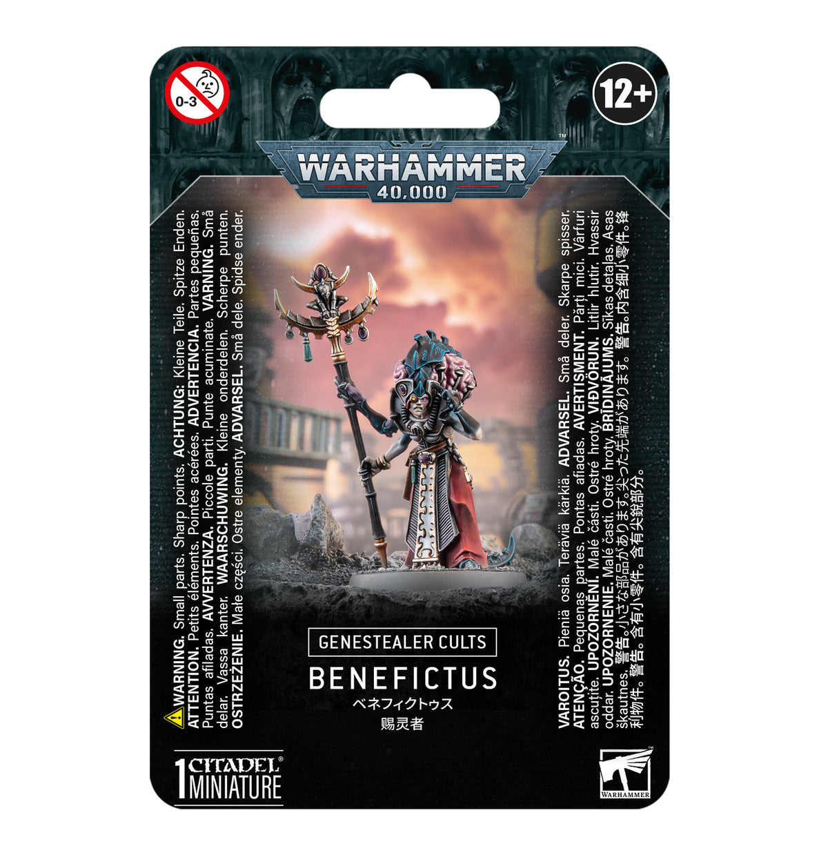 A Warhammer 40,000 Genestealer Cults Benefictus miniature stands on the package art, wearing ornate dark armor with blue accents and a red cape and holding a tall staff. The dark card reads “WARHAMMER 40,000,” “GENESTEALER CULTS” and “BENEFICTUS,” with a 12+ age mark.