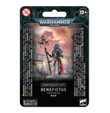 A Warhammer 40,000 Genestealer Cults Benefictus miniature stands on the package art, wearing ornate dark armor with blue accents and a red cape and holding a tall staff. The dark card reads “WARHAMMER 40,000,” “GENESTEALER CULTS” and “BENEFICTUS,” with a 12+ age mark.