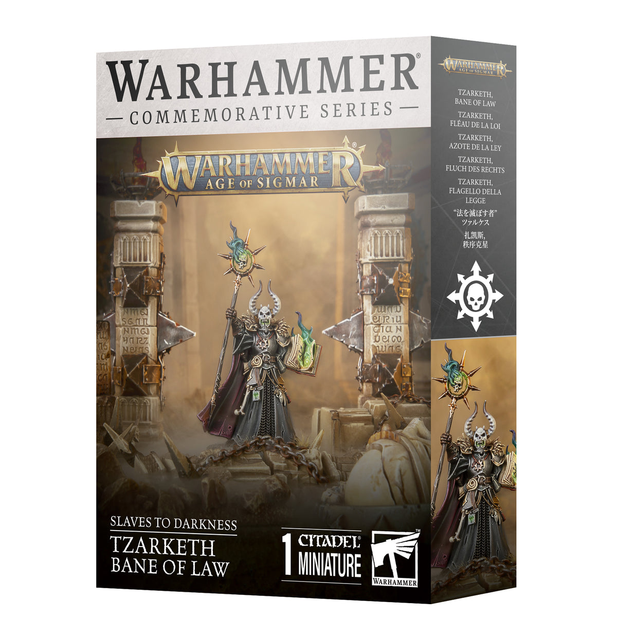 Box for a Citadel miniature, shown from the front and right side. The front depicts a horned figure in dark armor holding a spiked staff and green object among ruined pillars; text reads “WARHAMMER COMMEMORATIVE SERIES” and “TZARKETH BANE OF LAW.”