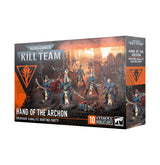 Box for Kill Team: Hand of the Archon, shown from the front and right side. The dark box features blue-armored Drukhari warriors against an orange-lit sci-fi city, with the text “KILL TEAM” and “HAND OF THE ARCHON.”