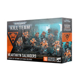 Angled view of the Kill Team: Hearthkyn Salvagers miniature box, with orange-armored sci-fi figures pictured exploring a dark, blue-lit interior on the front and side. The front reads “KILL TEAM” and “HEARTHKYN SALVAGERS.”