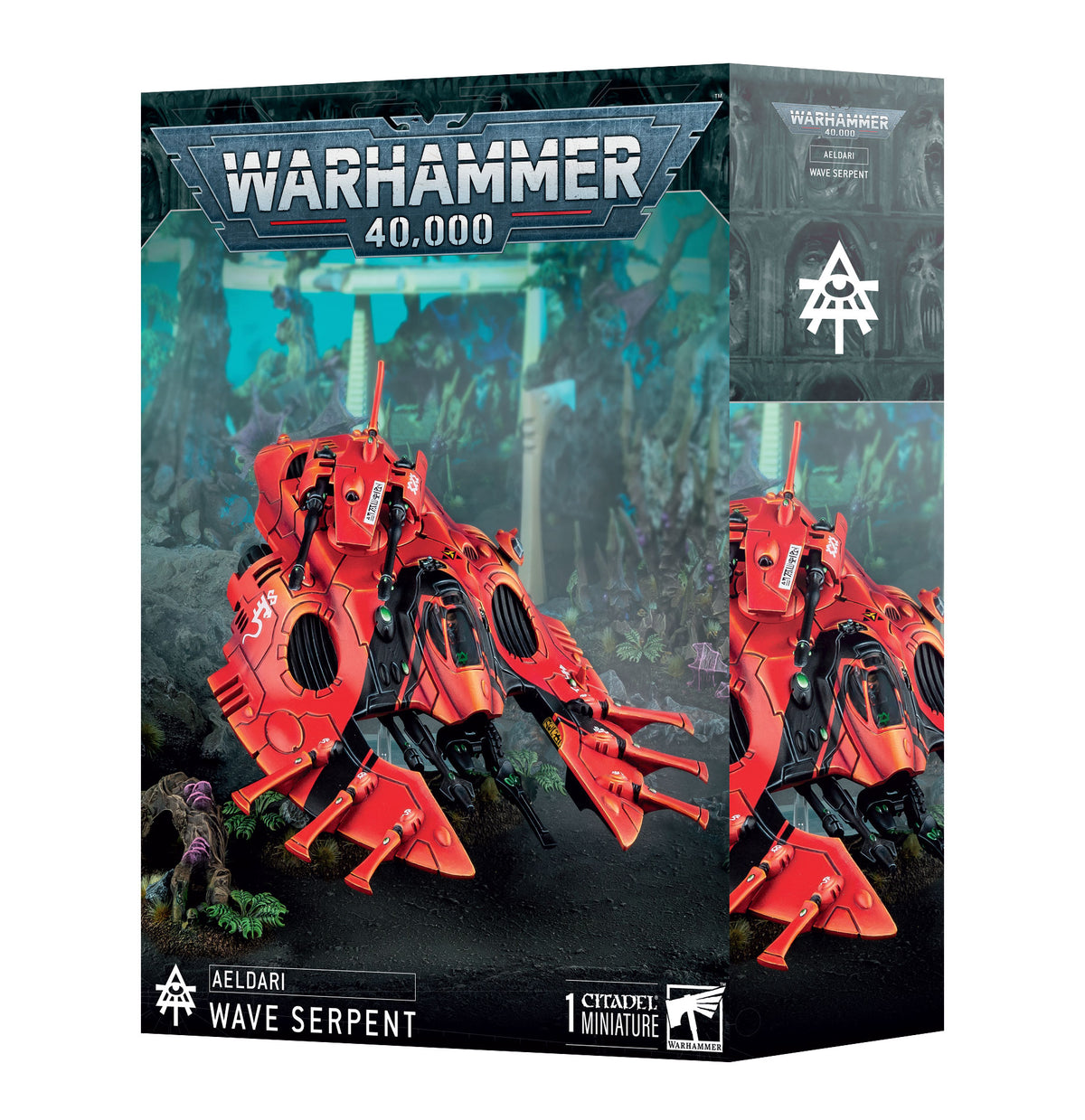 Box for an Aeldari Wave Serpent miniature, showing a bright red, black-detailed futuristic vehicle in a jungle scene on the front and a cropped view on the side. The front reads “WARHAMMER 40,000” and “AELDARI WAVE SERPENT.”