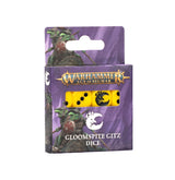 Purple illustrated box of Gloomspite Gitz dice, with bright yellow dice and black markings visible through a front window; one shows a black moon emblem. The box reads “WARHAMMER AGE OF SIGMAR” and “GLOOMSPITE GITZ DICE”.