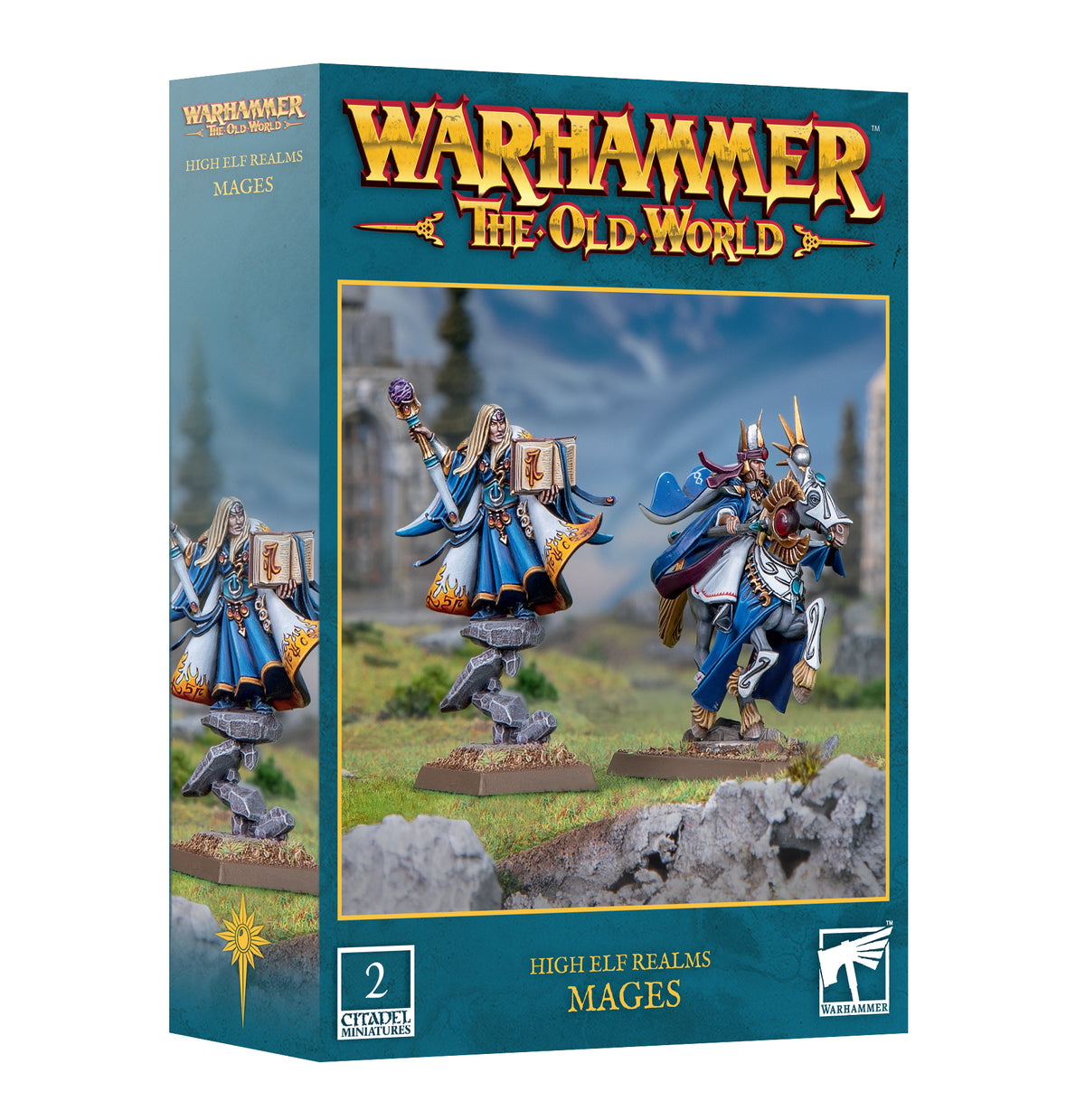 Teal Warhammer box showing two blue-and-white High Elf mage miniatures: one raises a staff beside a floating book, while the other rides a white horse. The packaging reads “WARHAMMER THE OLD WORLD” and “HIGH ELF REALMS MAGES.”
