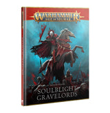 Hardback battletome shown at an angle, with red cover edges and blue artwork of an armored vampire riding a rearing horse above undead warriors. The cover reads “WARHAMMER AGE OF SIGMAR” and “SOULBLIGHT GRAVELORDS.”