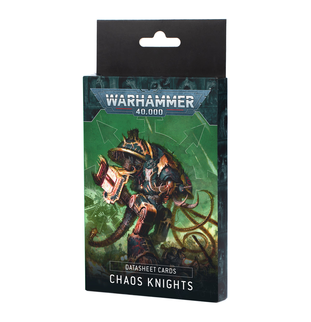 A black hanging box of Chaos Knights datasheet cards stands upright against a white background, with green and dark artwork of an armored, horned mech. The front reads “WARHAMMER 40,000,” “DATASHEET CARDS” and “CHAOS KNIGHTS.”