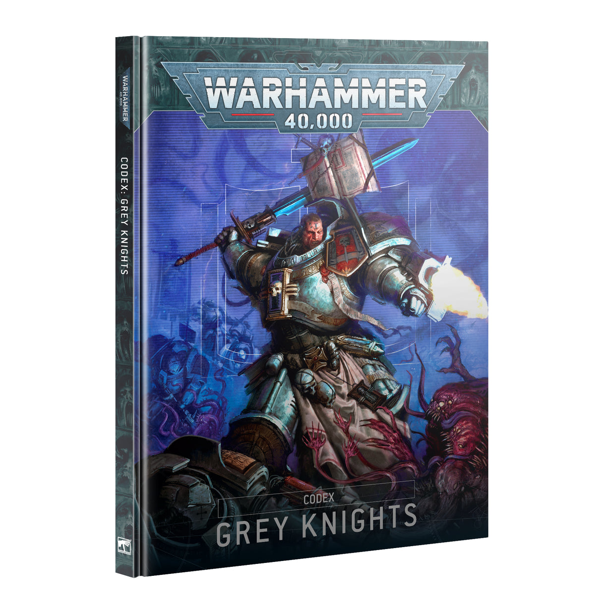 Hardback book shown at an angle revealing the spine and front cover of Codex: Grey Knights. The cover art depicts an armored warrior in silver-teal power armor wielding a hammer with a glowing blue blade and a flaming gauntlet, standing over daemonic figures on a purple-blue background, with the "WARHAMMER 40,000" logo at top and "CODEX GREY KNIGHTS" at the bottom; the spine reads "CODEX: GREY KNIGHTS".