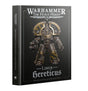 Hardback book shown at an angle revealing the front cover and spine. The dark grey cover features a bronze and gold armored warrior figure with shoulder plates and a winged chest emblem, beneath the white text "WARHAMMER THE HORUS HERESY" and above "Liber Hereticus" with the subtitle "Traitor Legiones Astartes Army Book". The spine repeats the title in white lettering.
