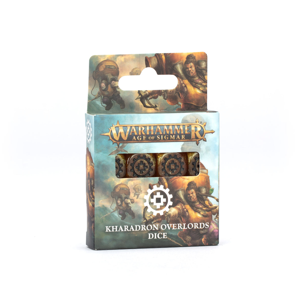A boxed Kharadron Overlords dice set with dark bronze dice bearing gear-like symbols visible through a window, against colorful fantasy character artwork. The package reads “WARHAMMER AGE OF SIGMAR” and “KHARADRON OVERLORDS DICE.”