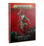 Hardcover book shown at an angle with its red spine visible. The red-and-black cover depicts a pale, armed ghoul above smaller creatures and reads “WARHAMMER AGE OF SIGMAR” and “FLESH-EATER COURTS.”