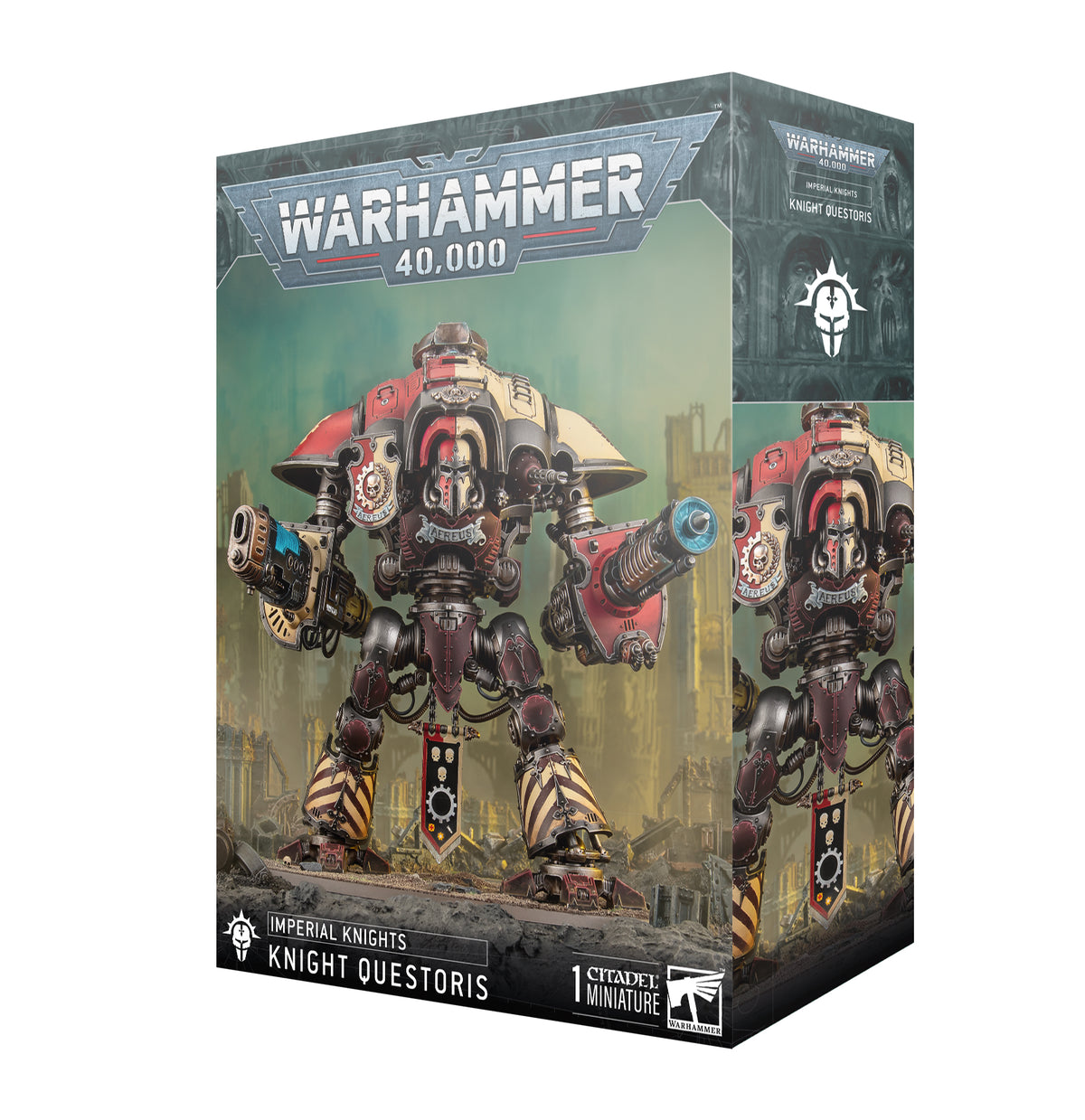 Product box for the Warhammer 40,000 Imperial Knights: Knight Questoris kit, showing a red, cream and metallic bipedal war machine with a weapon on each arm standing on a ruined battlefield. The box reads "WARHAMMER 40,000" at top and "IMPERIAL KNIGHTS KNIGHT QUESTORIS" with "1 CITADEL MINIATURE" at the bottom.