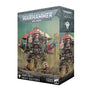 Product box for the Warhammer 40,000 Imperial Knights: Knight Questoris kit, showing a red, cream and metallic bipedal war machine with a weapon on each arm standing on a ruined battlefield. The box reads "WARHAMMER 40,000" at top and "IMPERIAL KNIGHTS KNIGHT QUESTORIS" with "1 CITADEL MINIATURE" at the bottom.
