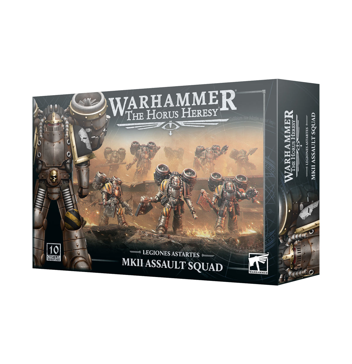 Product box for a Warhammer miniatures kit, shown at a three-quarter angle with front and right side visible. The front reads "WARHAMMER THE HORUS HERESY" and "LEGIONES ASTARTES MKII ASSAULT SQUAD", with a "10 CITADEL MINIATURES" badge. Artwork shows armored space marines with jump packs in a fiery battle scene, plus a large close-up of a silver-armored warrior on the left.