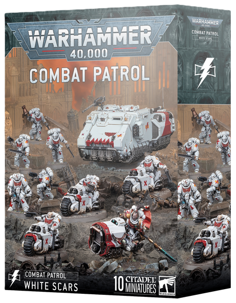 Front and side of a Warhammer 40,000 box with the text "WARHAMMER 40,000 COMBAT PATROL" and "WHITE SCARS". The box art shows white-armored miniatures with red markings, a tracked transport with a red shark-tooth grille, and several grav bikes on a rocky battlefield with gothic ruins and an orange sky. A label reads "10 CITADEL MINIATURES".