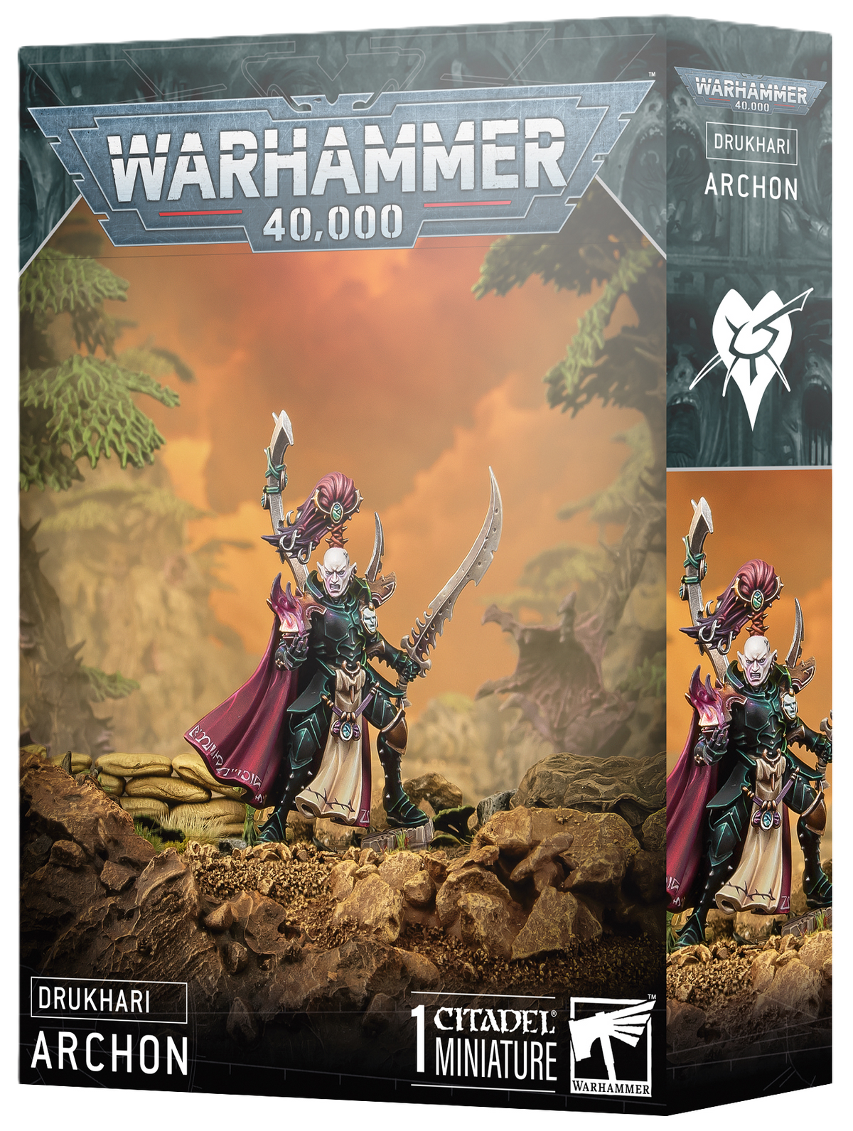 Dark gray Warhammer 40,000 box featuring artwork of a pale, armored Drukhari Archon with a burgundy cape and curved blade, standing on rocky ground beneath an orange sky. The packaging reads “DRUKHARI ARCHON” and “1 CITADEL MINIATURE.”