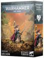 Dark gray Warhammer 40,000 box featuring artwork of a pale, armored Drukhari Archon with a burgundy cape and curved blade, standing on rocky ground beneath an orange sky. The packaging reads “DRUKHARI ARCHON” and “1 CITADEL MINIATURE.”