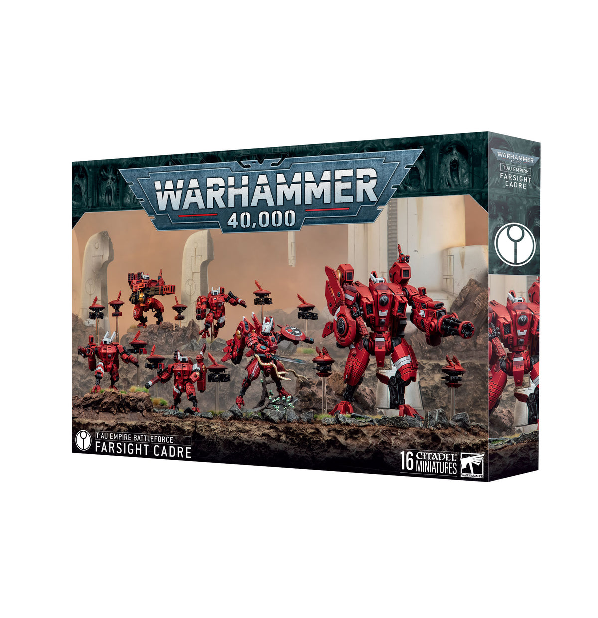 Boxed Warhammer 40,000 miniatures set shown at a three-quarter angle, front cover depicting red robotic battlesuit figures and small floating drones posed on rocky terrain. Text reads "WARHAMMER 40,000" and "T'AU EMPIRE BATTLEFORCE FARSIGHT CADRE", with "16 CITADEL MINIATURES" and a circular T'au symbol on the side panel.