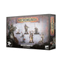 Product box for Necromunda: Underhive Hangers-On shown at an angle revealing the front and right side. The front displays six painted miniature figures on round bases against a smoky grey backdrop, with a larger illustrated armed figure on the left. Text reads "NECROMUNDA" in an amber banner, "UNDERHIVE HANGERS-ON" and "6X CITADEL MINIATURES" below, plus a Warhammer logo. The side panel repeats "NECROMUNDA" vertically.