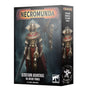 Product box shown at a three-quarter angle with front and side panel. The front banner reads "NECROMUNDA" over an illustration of an armored figure in gold and red holding a sword, beside a winged servitor with skulls. Lower text reads "OZOSTIUM ARANTHUS THE DIVINE PRINCE" and "2X CITADEL MINIATURES" with a Warhammer logo.