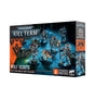 Retail box for the Warhammer 40,000 Kill Team: Wolf Scouts set, showing front and side panels. Box art depicts six painted armored Space Wolves miniatures with fur pelts and a snarling wolf on a blue-lit industrial floor, beside an orange wolf-head emblem. Text reads "KILL TEAM", "WOLF SCOUTS" and "6 CITADEL MINIATURES".
