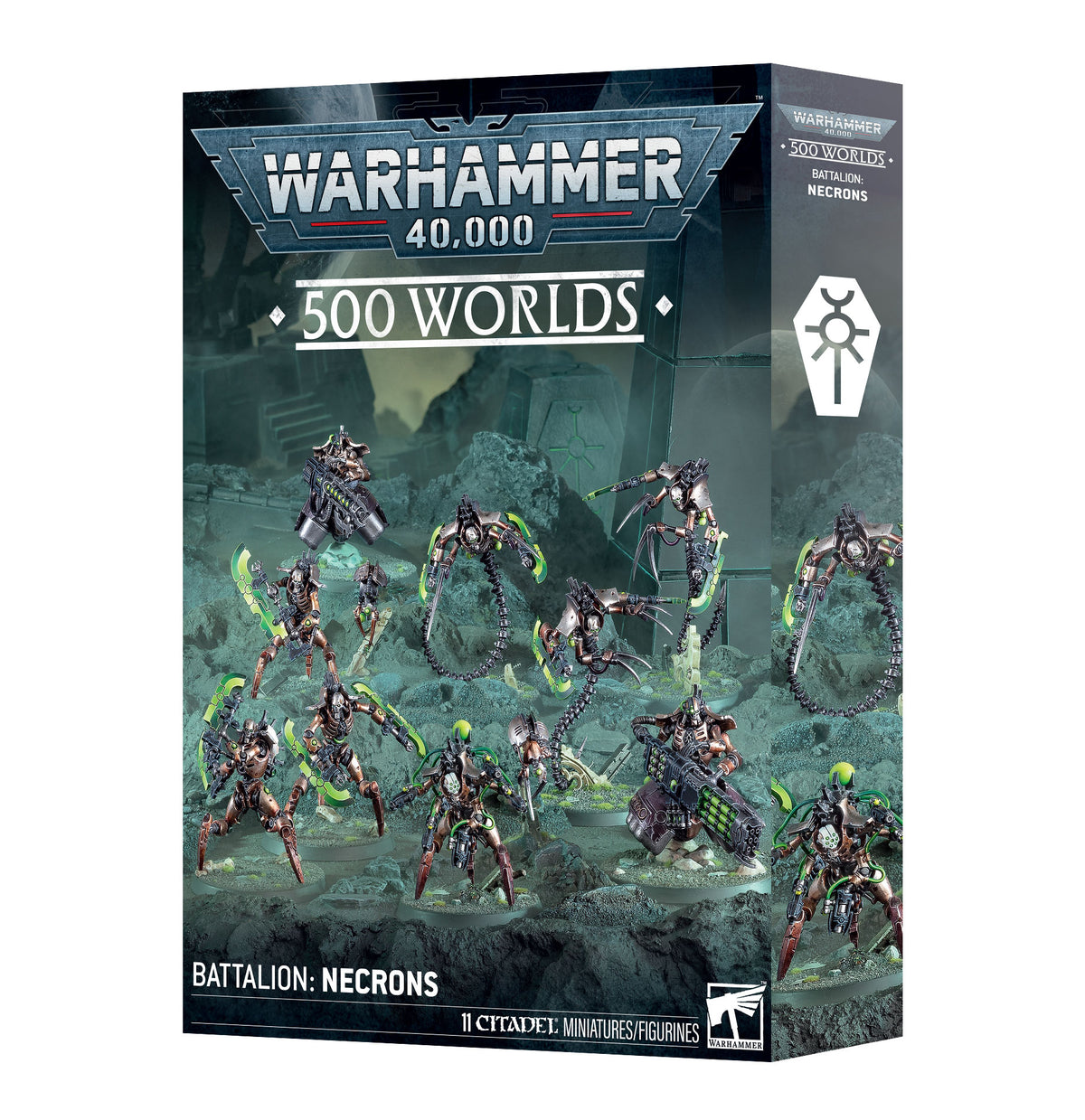 Front and side of a retail box for a Warhammer 40,000 miniature set, with the text "WARHAMMER 40,000", "500 WORLDS" and "BATTALION: NECRONS" in bold white lettering. The box art shows eleven bronze and copper robotic Necron figures with glowing green accents posed on rocky green terrain, plus a white Necron symbol on the side panel.