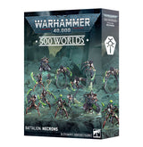 Front and side of a retail box for a Warhammer 40,000 miniature set, with the text "WARHAMMER 40,000", "500 WORLDS" and "BATTALION: NECRONS" in bold white lettering. The box art shows eleven bronze and copper robotic Necron figures with glowing green accents posed on rocky green terrain, plus a white Necron symbol on the side panel.