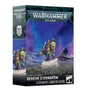 Product box for the Warhammer 40,000 miniature Berehk Stornbröw, showing the front and side panels. The front depicts a painted dwarf-like warrior in teal armor holding a glowing blade and a green orc-head trophy on a rocky base, with the text "WARHAMMER 40,000" and "BEREHK STORNBRÖW".