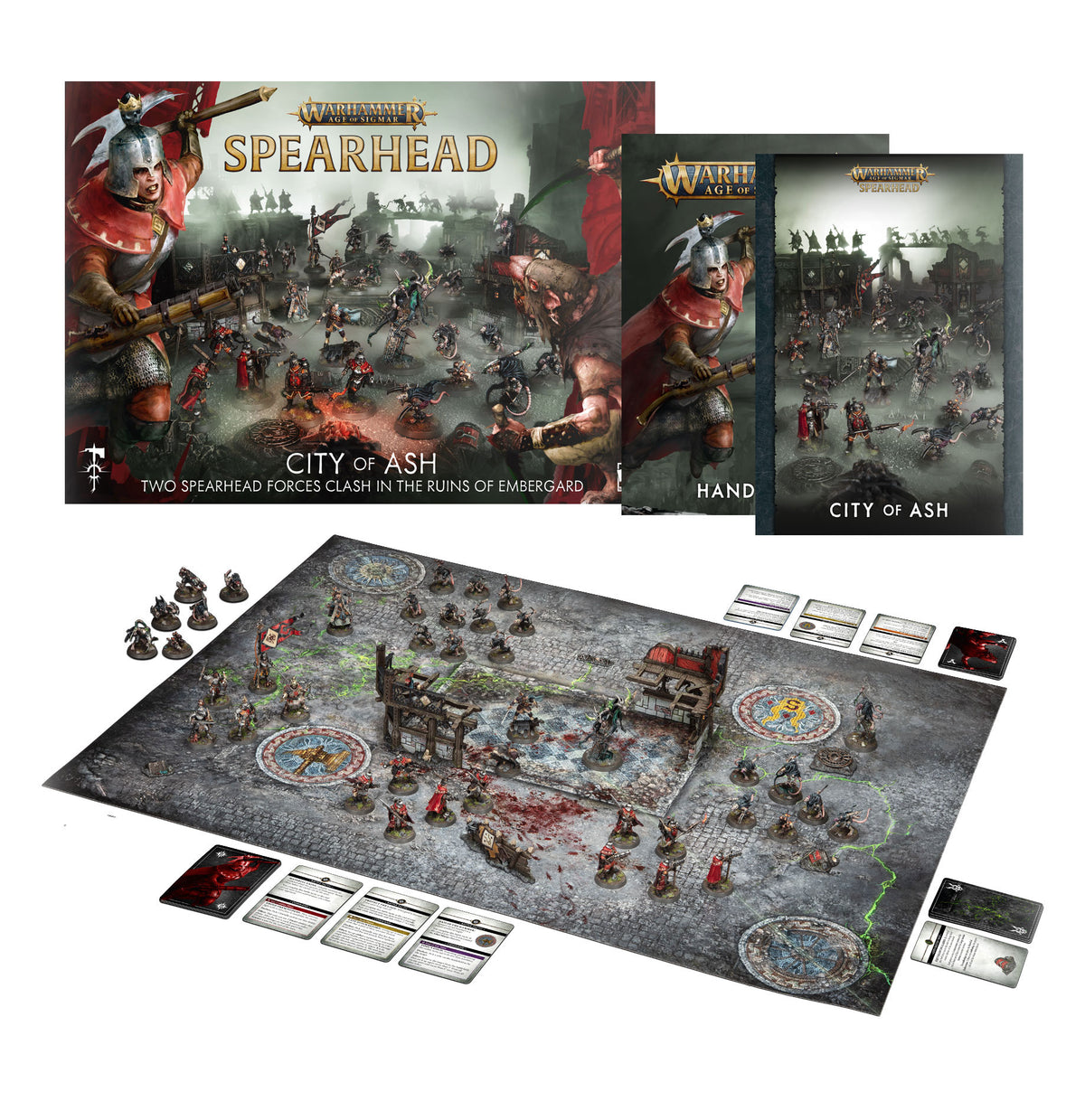 Warhammer Age of Sigmar Spearhead: City of Ash contents on white: a box cover with gold "SPEARHEAD" and "CITY OF ASH" lettering over a red-caped helmeted warrior and a miniature battle scene, two rulebook booklets, and a grey cobblestone game board set up with painted miniatures on round bases, terrain pieces and cards.