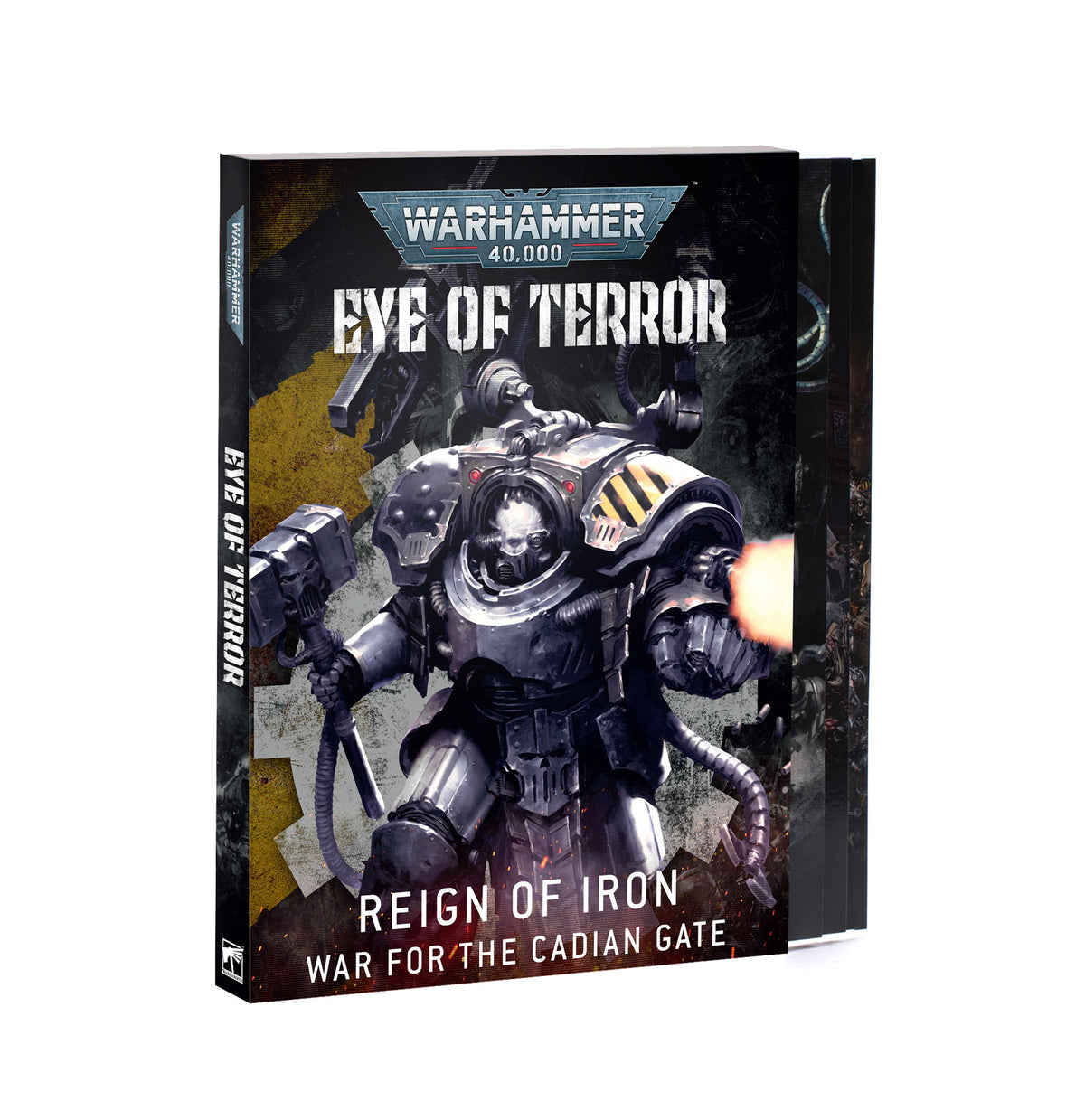 Front cover and spine of the Warhammer 40,000 book "EYE OF TERROR" with "REIGN OF IRON" and "WAR FOR THE CADIAN GATE" below, showing a grey armored warrior with yellow-and-black striped shoulder holding a hammer, with additional volumes stacked behind it in a set.