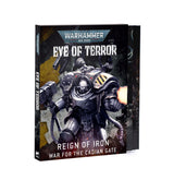Front cover and spine of the Warhammer 40,000 book "EYE OF TERROR" with "REIGN OF IRON" and "WAR FOR THE CADIAN GATE" below, showing a grey armored warrior with yellow-and-black striped shoulder holding a hammer, with additional volumes stacked behind it in a set.