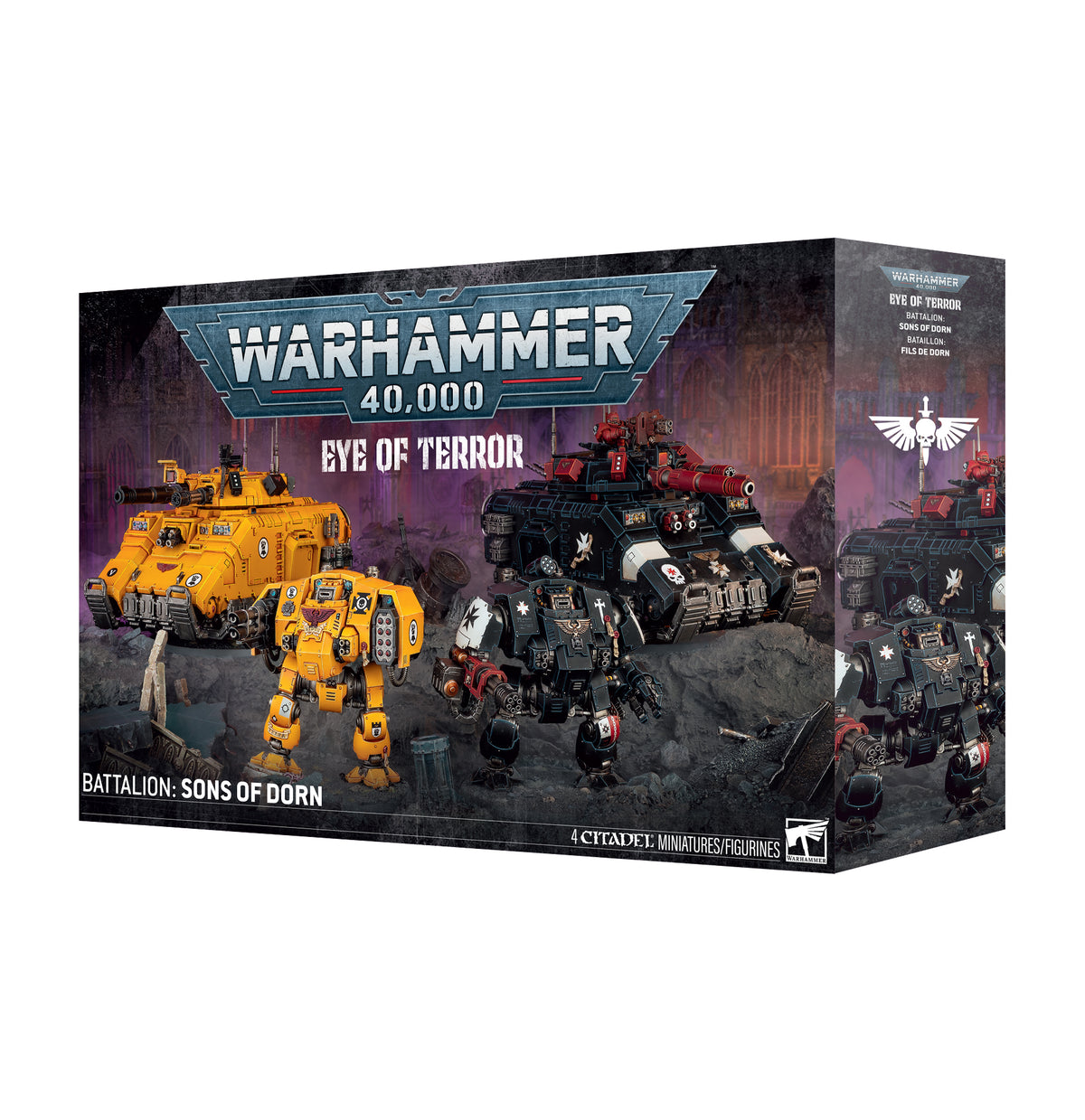 Box for the Warhammer 40,000 "Eye of Terror" Battalion: Sons of Dorn set, shown at an angle revealing the front and side panel. The cover art depicts four painted miniatures on a rocky battlefield with gothic ruins: a yellow tank and yellow walker, plus a black tank with red cannons and a black walker with white markings, beneath the "WARHAMMER 40,000" logo and "BATTALION: SONS OF DORN" text.