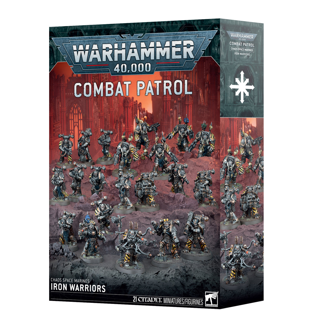 Box for the Warhammer 40,000 set shown at an angle with front and side panels visible. The front reads "WARHAMMER 40,000" and "COMBAT PATROL" above rows of painted grey-armored miniatures with yellow hazard stripes on a red-lit gothic backdrop, labeled "CHAOS SPACE MARINES IRON WARRIORS". A white eight-pointed star marks the side panel.